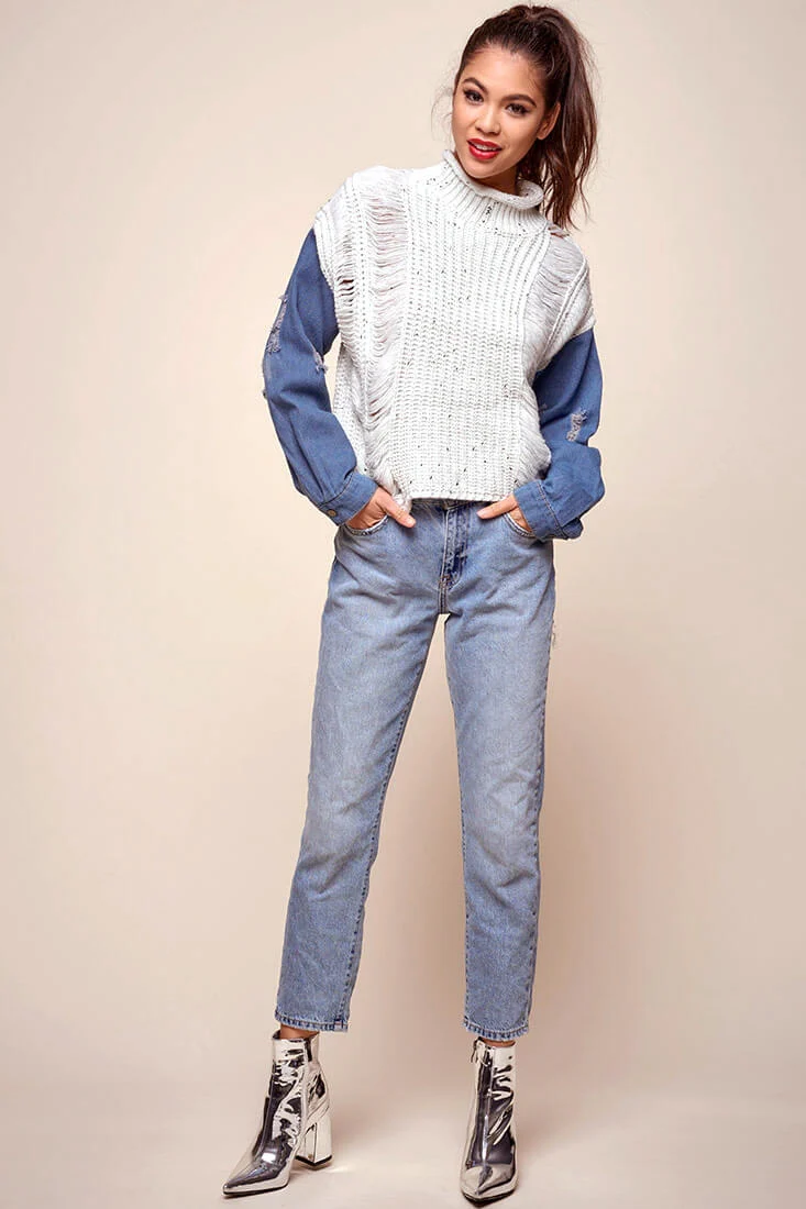Dawn Denim Sleeved Knit Sweater Marble Blue - Ruaus