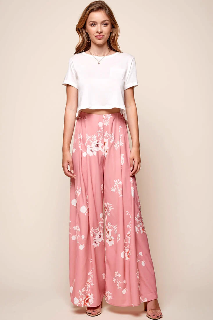 Kaya Wide Leg Floral Pants Blush - Ruaus