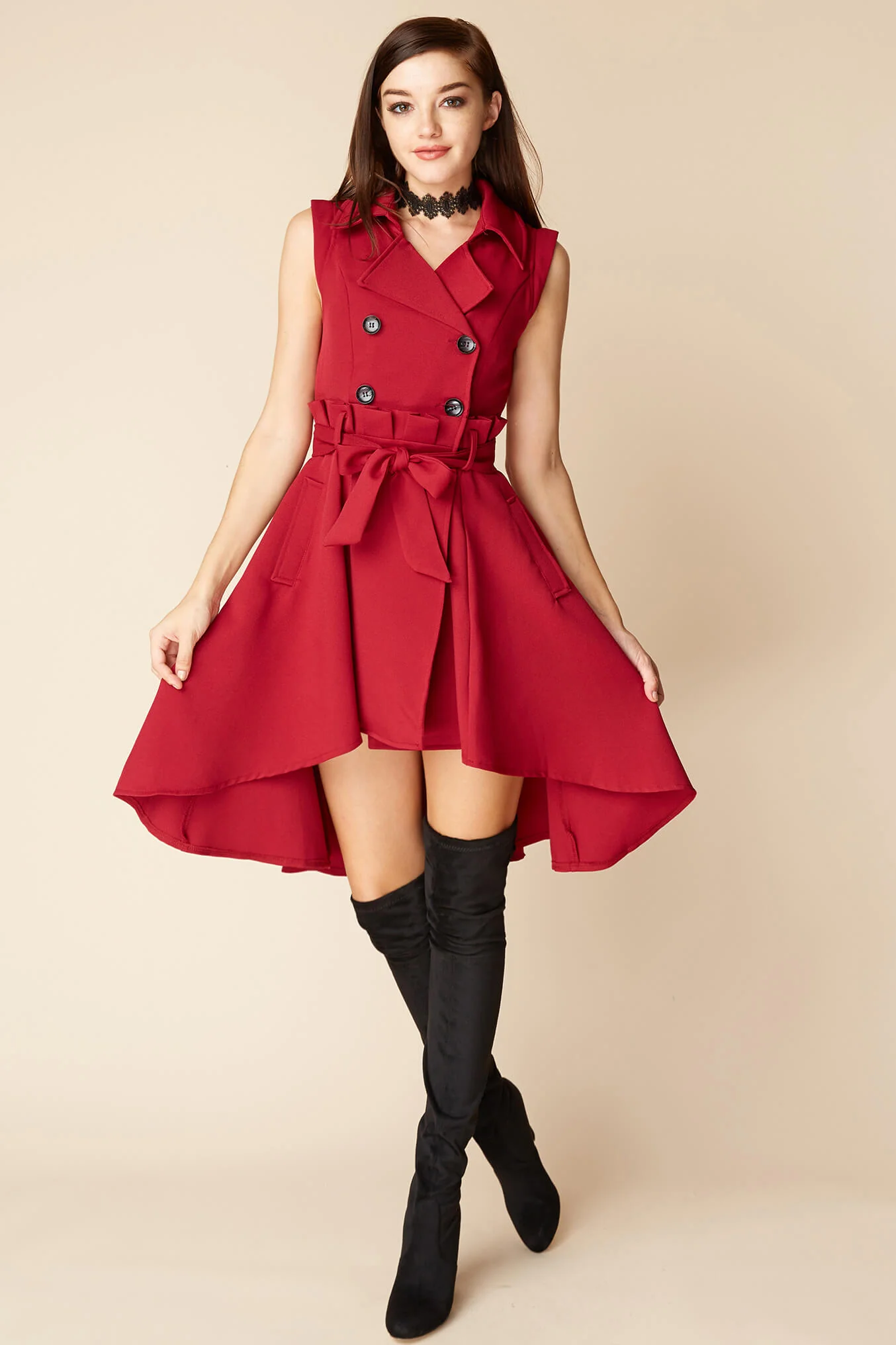 Harvard Bow Tie Trench Dress Red - Ruaus