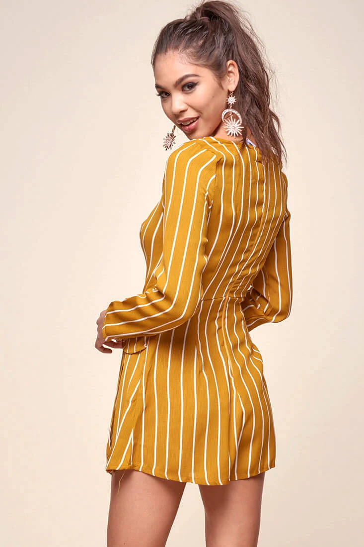 Abbey Waist Tie Pinstripe Romper Mustard & White - Ruaus