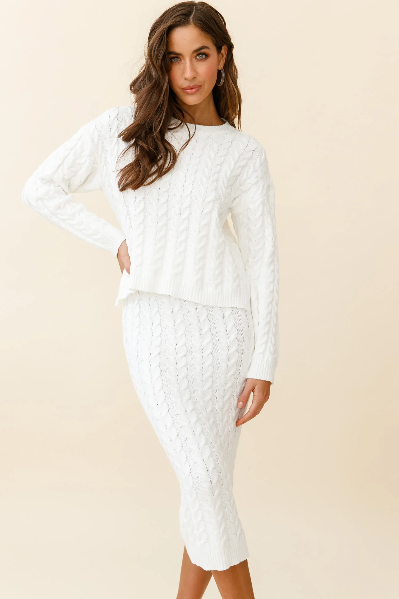 Cozy Up Cable Knit Midi Skirt White - Ruaus