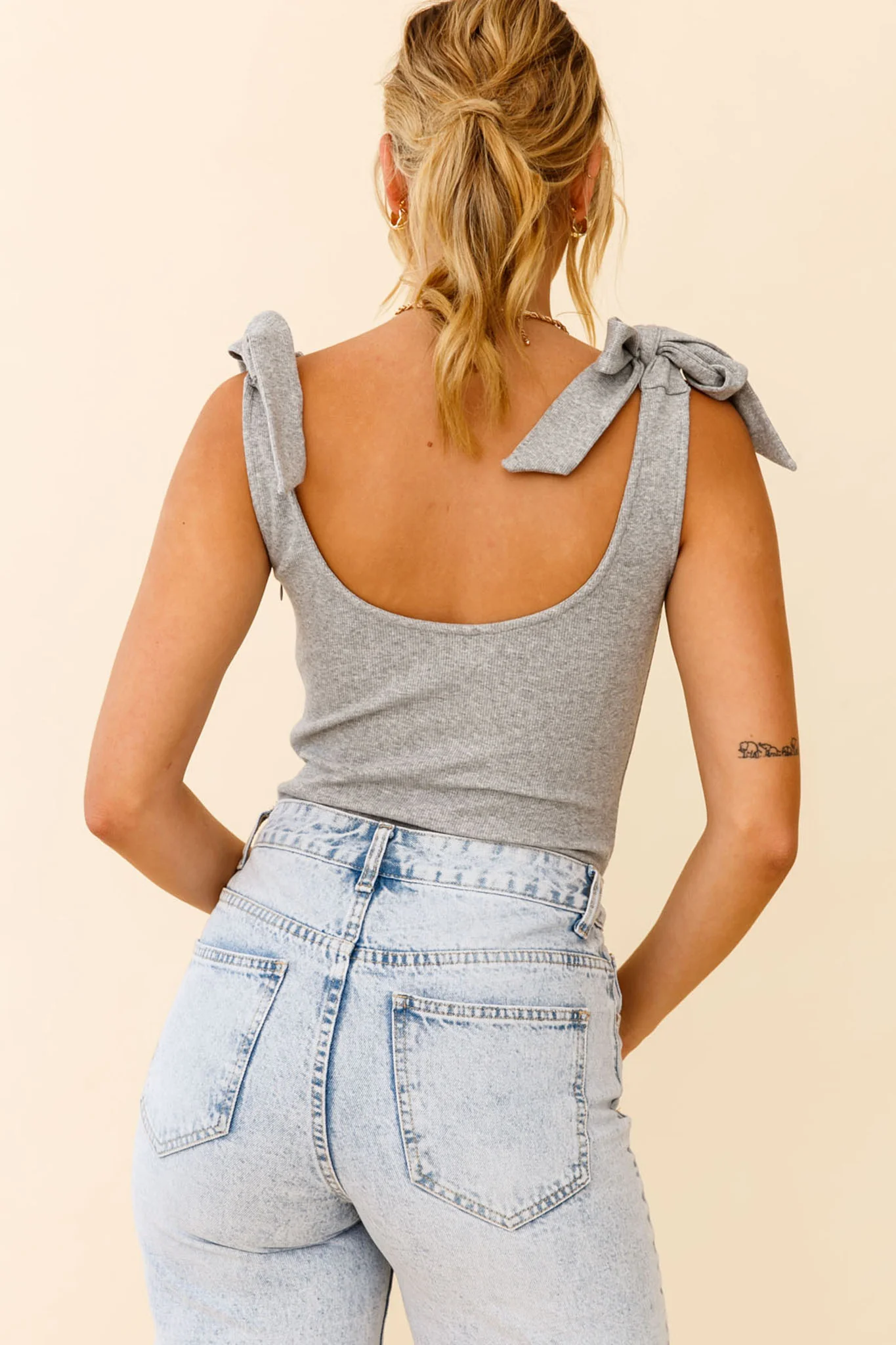 Can't Stop Me Bow Shoulder Bodysuit Grey Marle - Ruaus