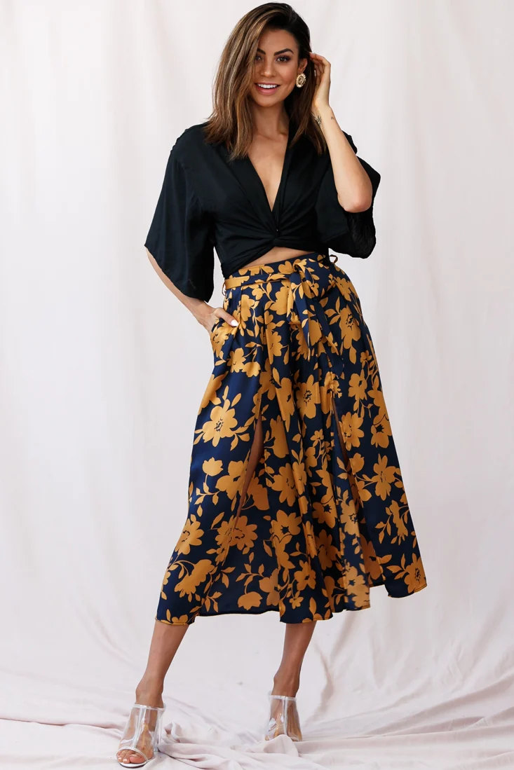 Danika Front Split Midi Culotte Pants Navy/Mustard - Ruaus
