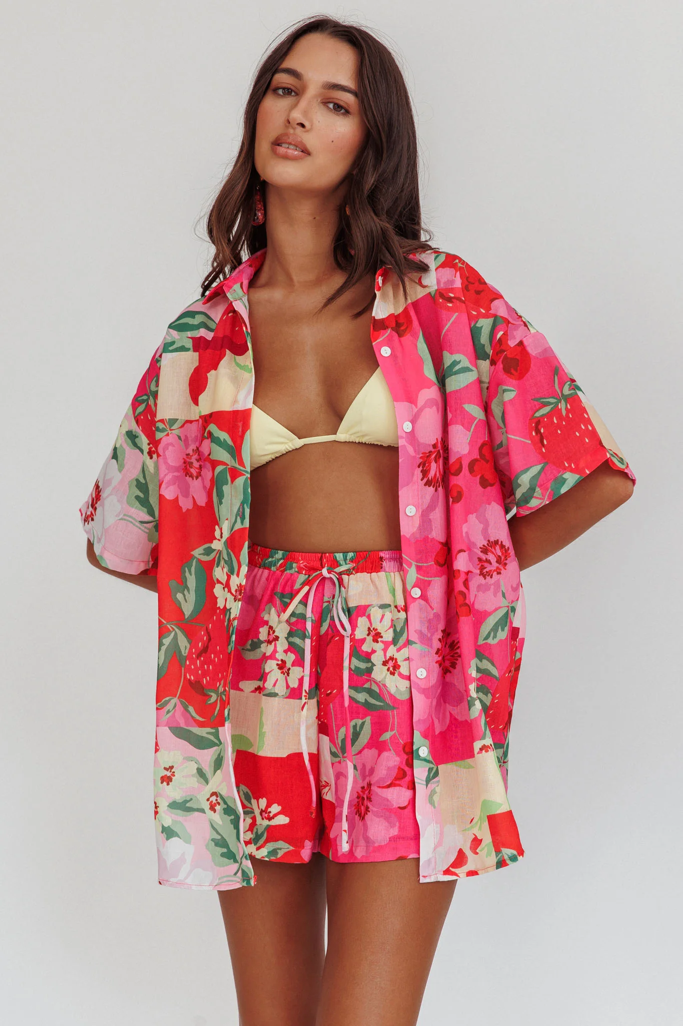 Ciao Ciao Floral Short Sleeve Buttoned Shirt Pink - Ruaus