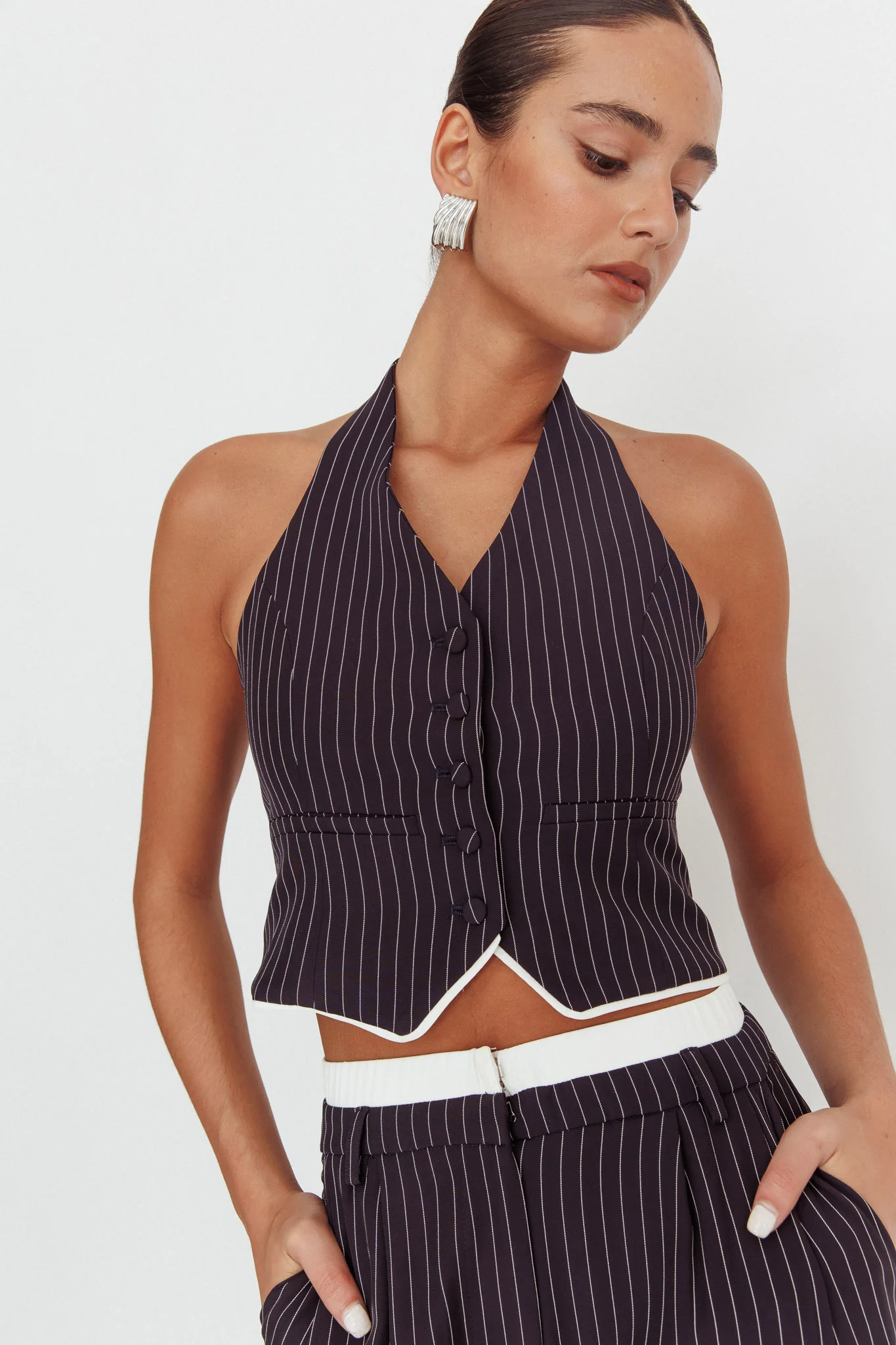 Lilija Pinstripe Halter Neck Vest Navy - Ruaus