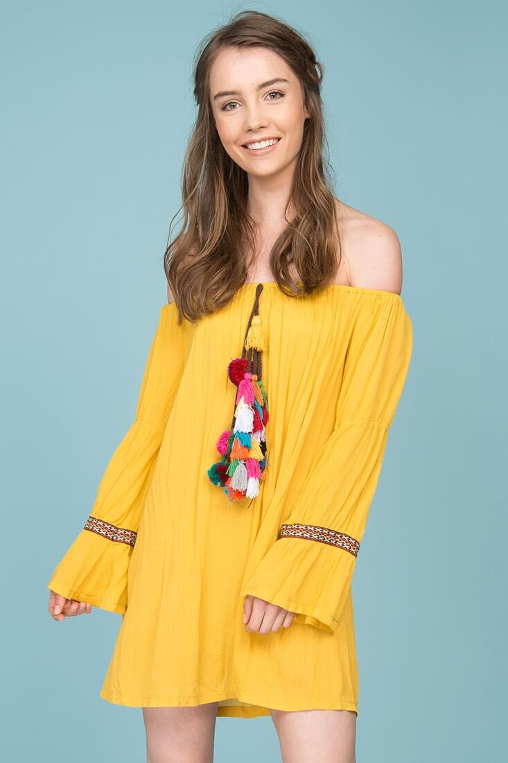 Jaelyn Tube Top Tassel Dress Yellow Mustard - Ruaus