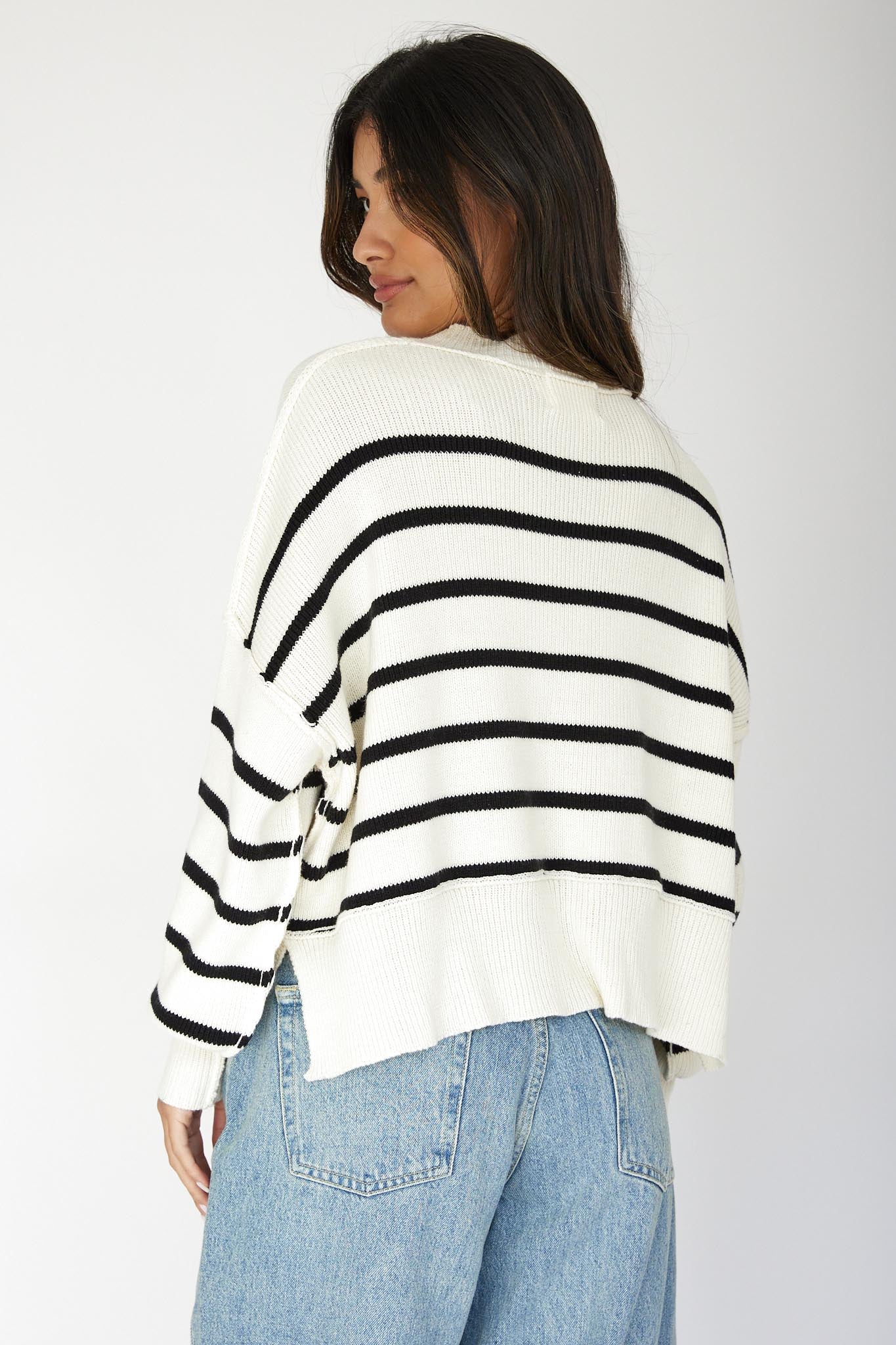 Fly High Drop Shoulder Knit Sweater Stripe Beige - Ruaus