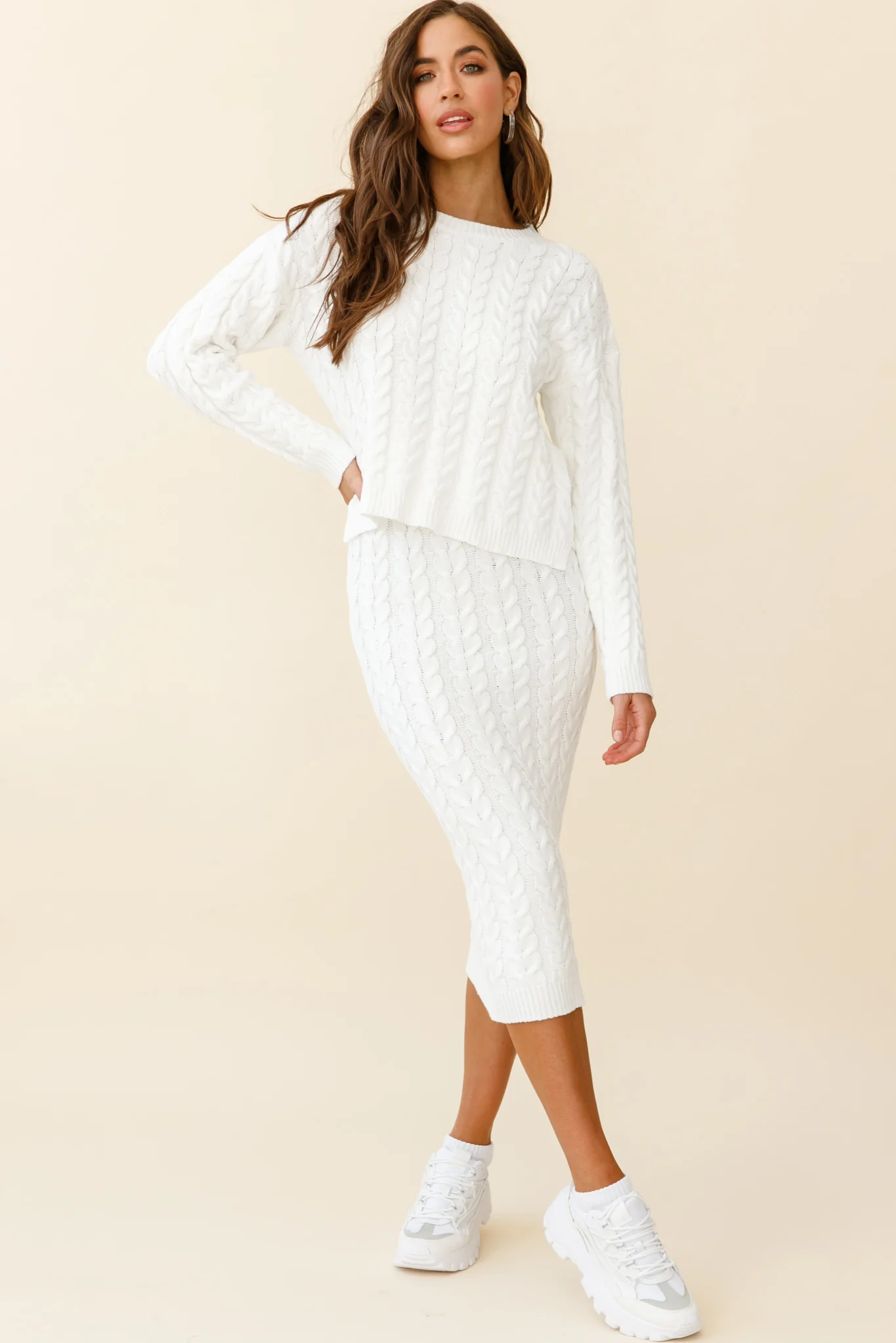 Cozy Up Cable Knit Midi Skirt White - Ruaus