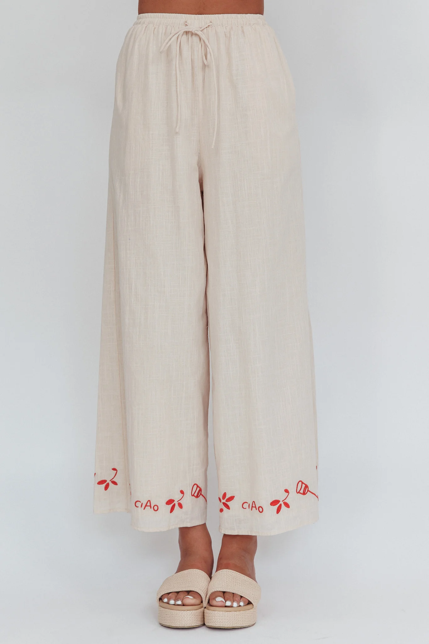 Sorrento Summer Embroidered Wide-Leg Pants Oat - Ruaus