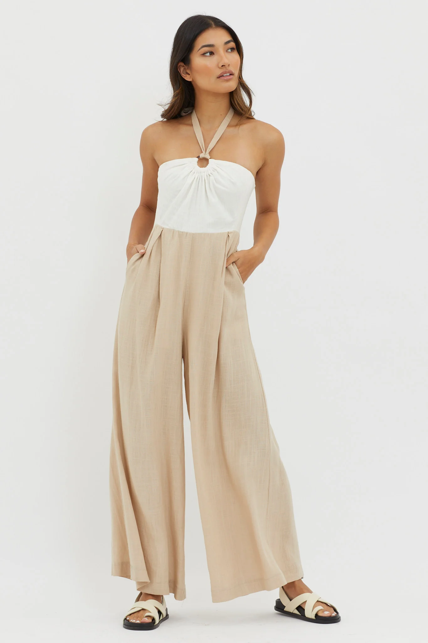 Maryn Wide Leg Halterneck Jumpsuit Beige - Ruaus
