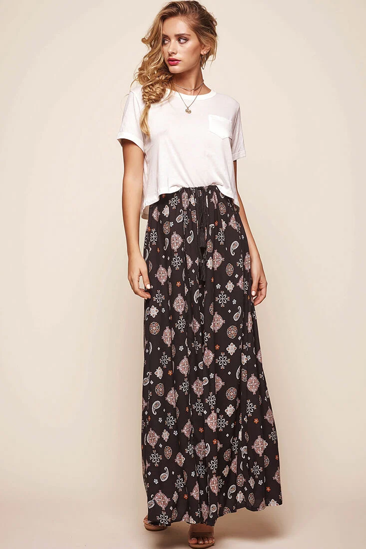 Paisley Split Maxi Skirt Black - Ruaus