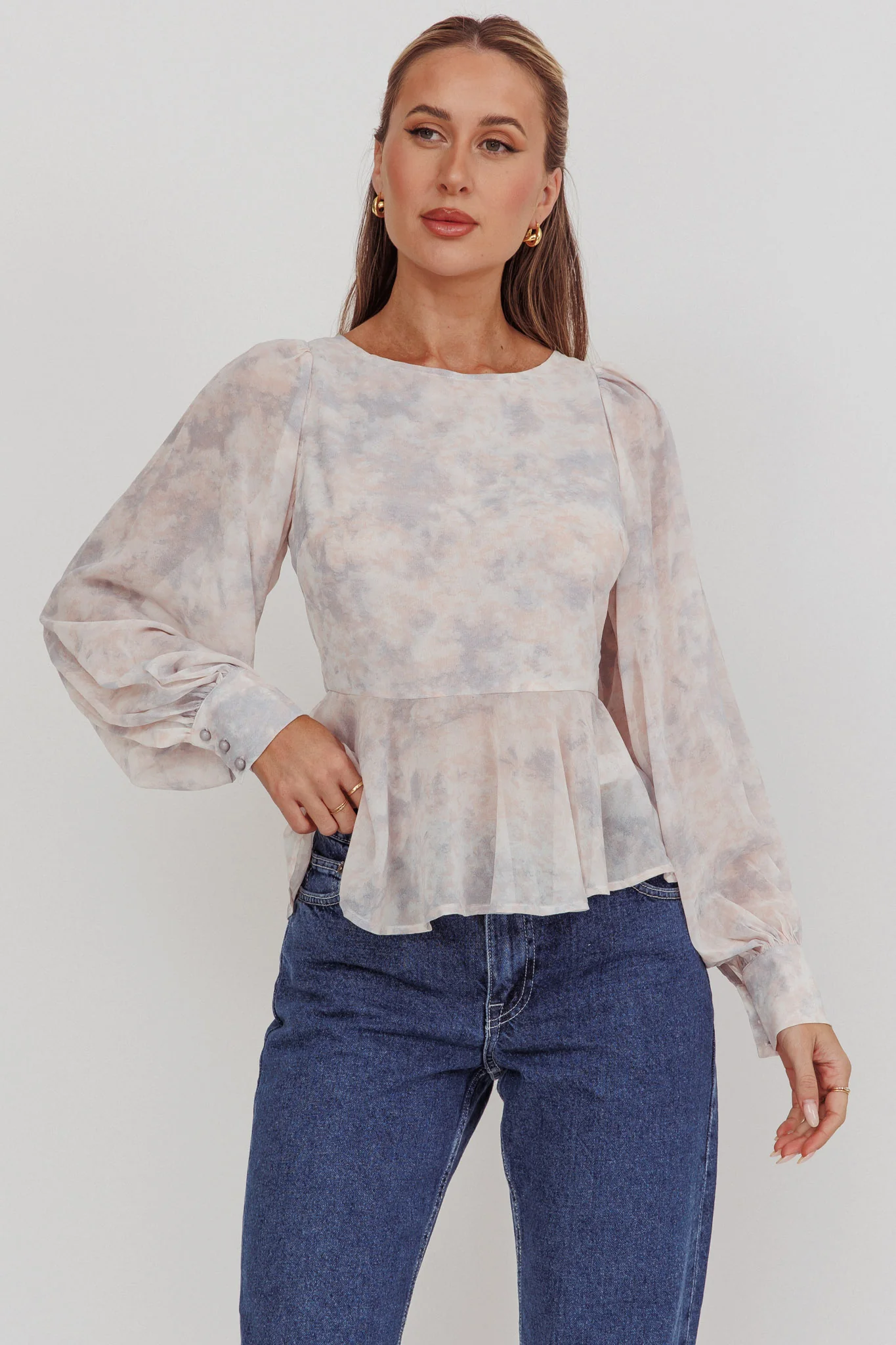Helix Balloon Sleeves Peplum Top Dusty Blue/Peach - Ruaus