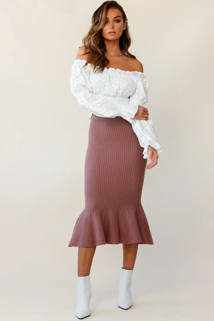 Shalon Ribbed Knit Fluted Hem Midi Skirt Antique Rose - Ruaus