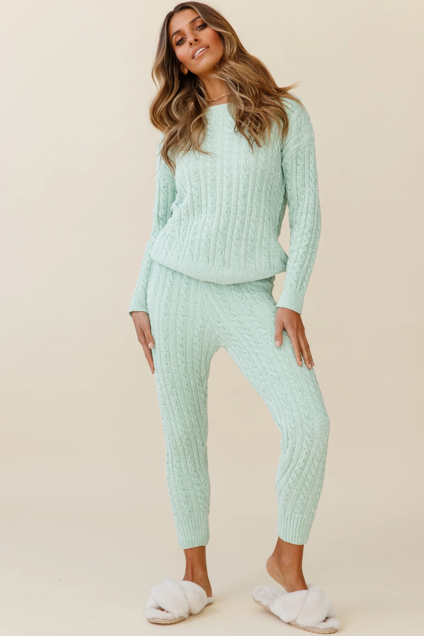 Kansas Cable Knit Fitted Pants Green - Ruaus