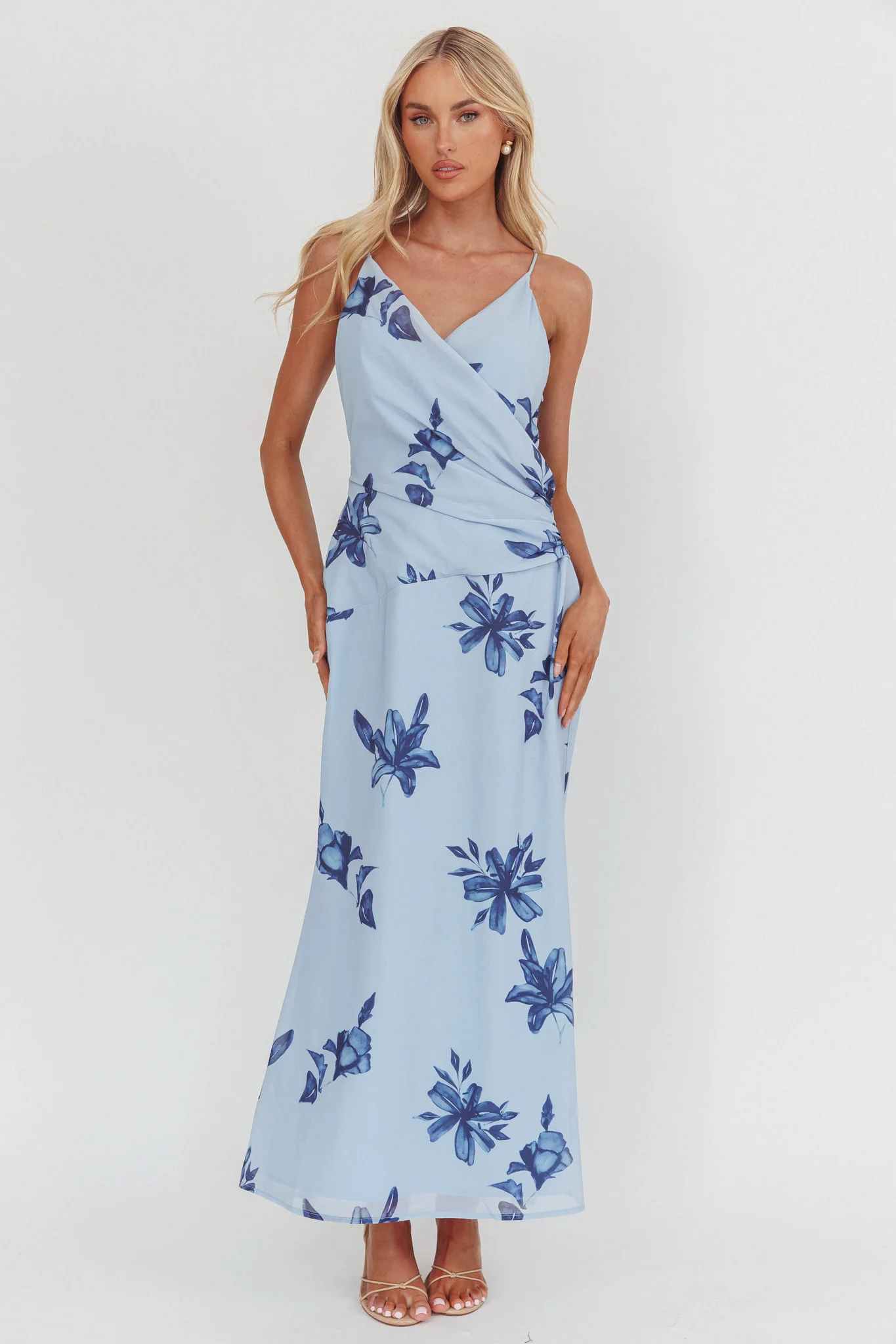 Lexxi Crossover Gathered Waist Maxi Dress Floral Blue - Ruaus
