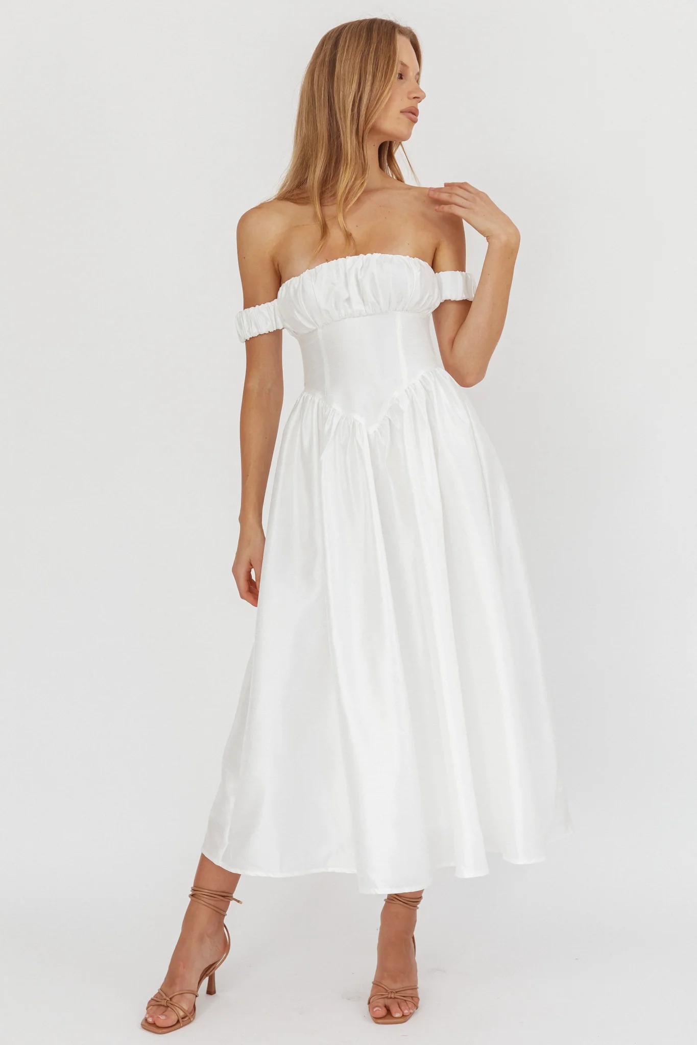 Heavens Above Off-Shoulder Basque Waist Midi Dress Ivory - Ruaus