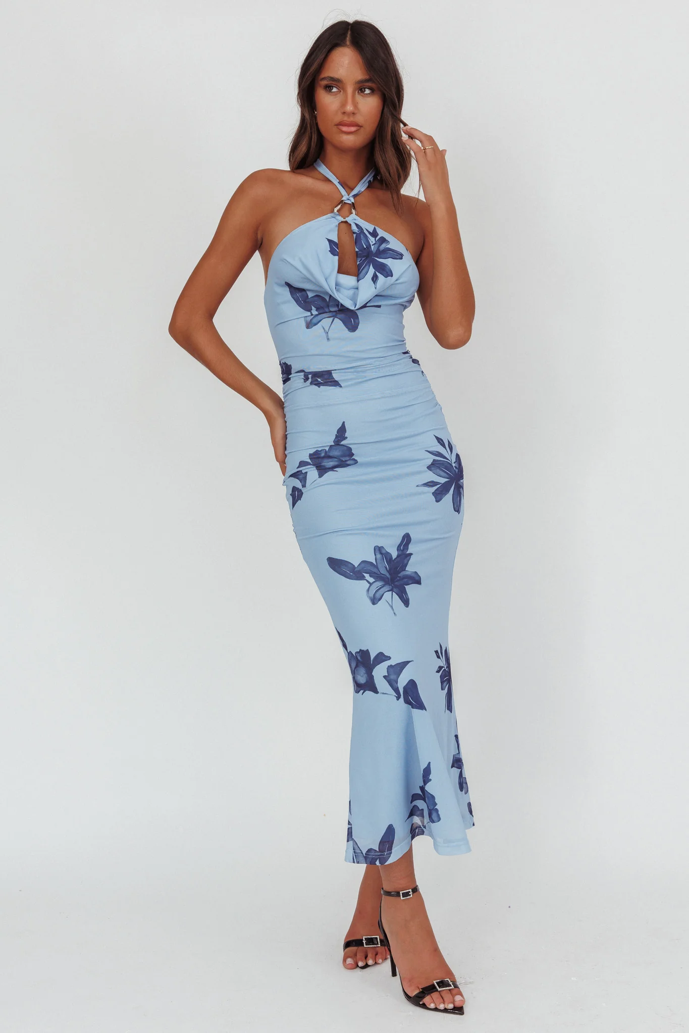 One Night Cowl Halterneck Maxi Dress Lily Blue - Ruaus