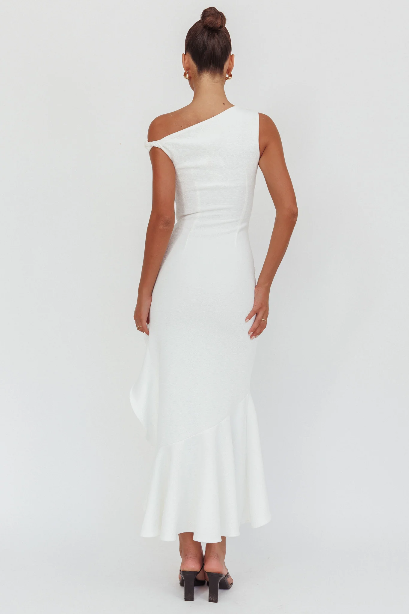 Lights On One-Shoulder Ruffle Hem Maxi Dress White - Ruaus