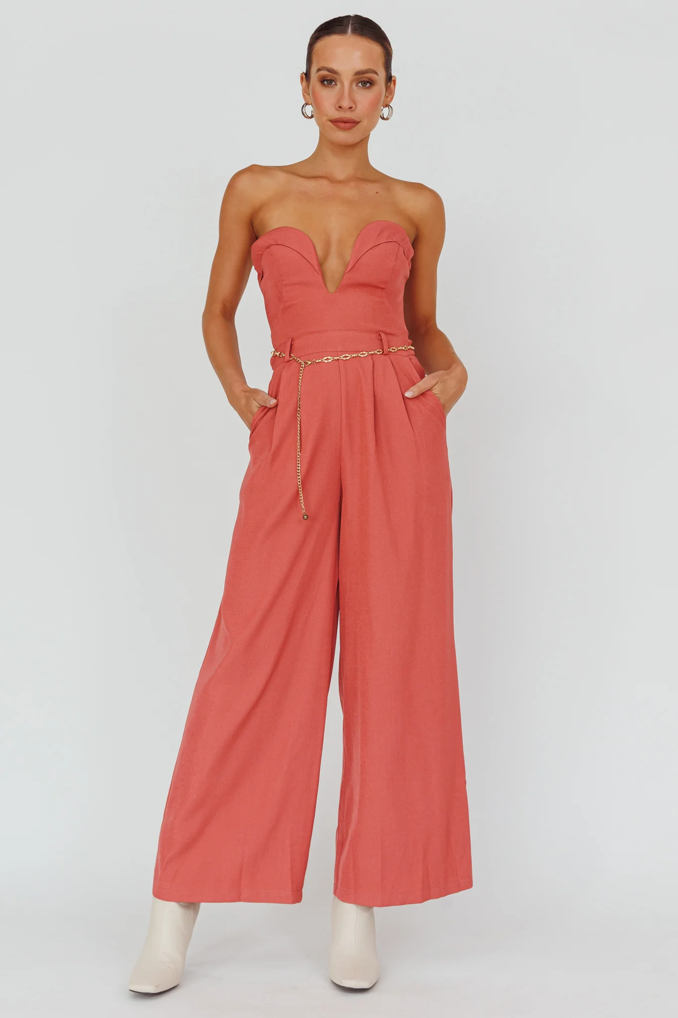 Kayte Strapless Belted Waist Jumpsuit Rose - Ruaus
