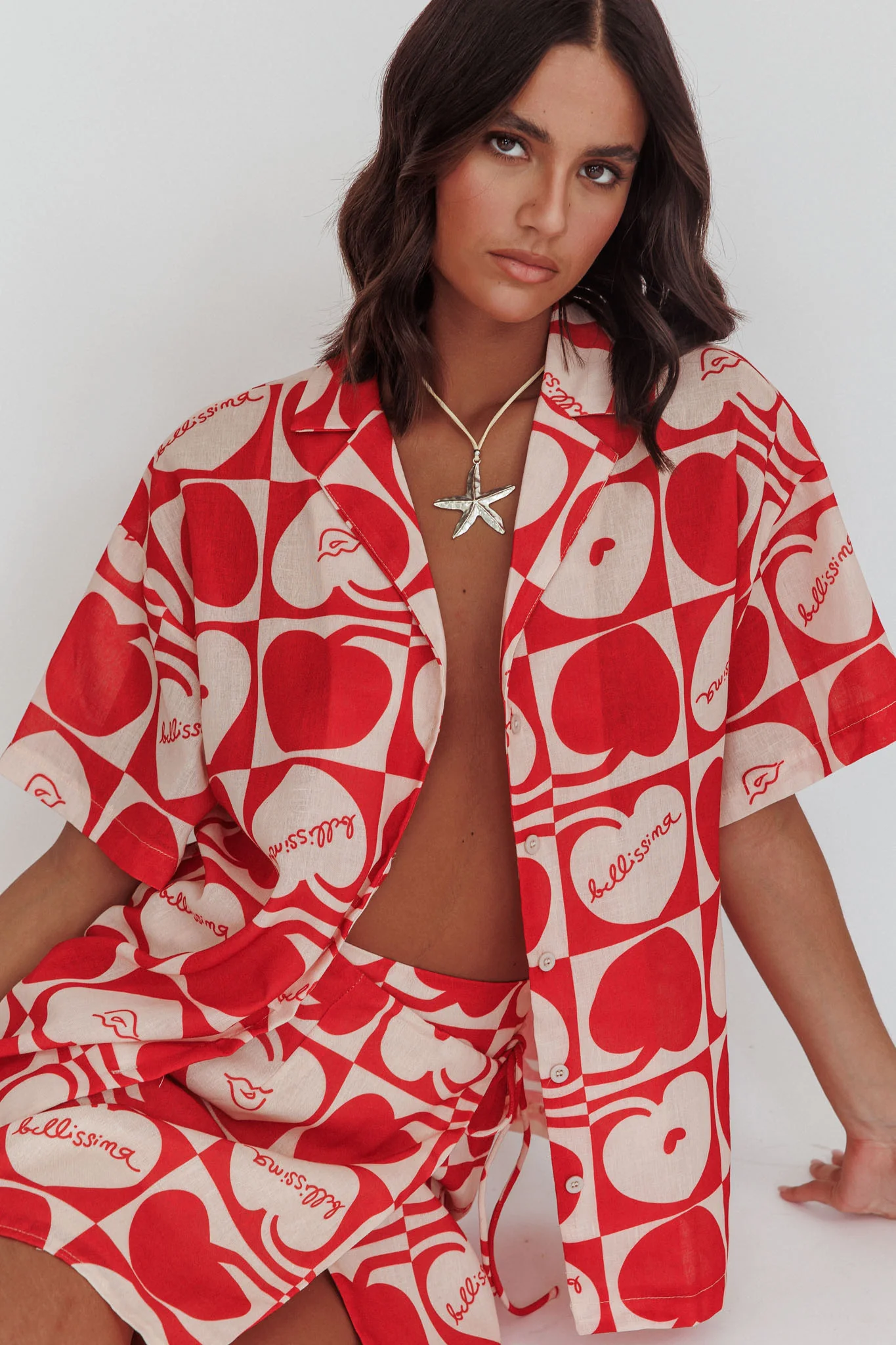 Ithaca Cherry Print Short Sleeve Shirt Red Beige - Ruaus