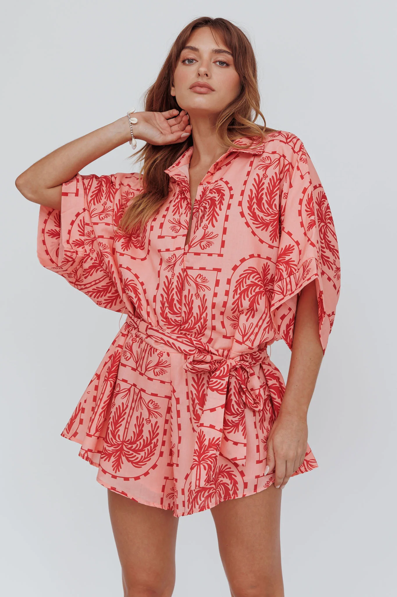 Daytona Beach Button-Up Romper Print Peach - Ruaus