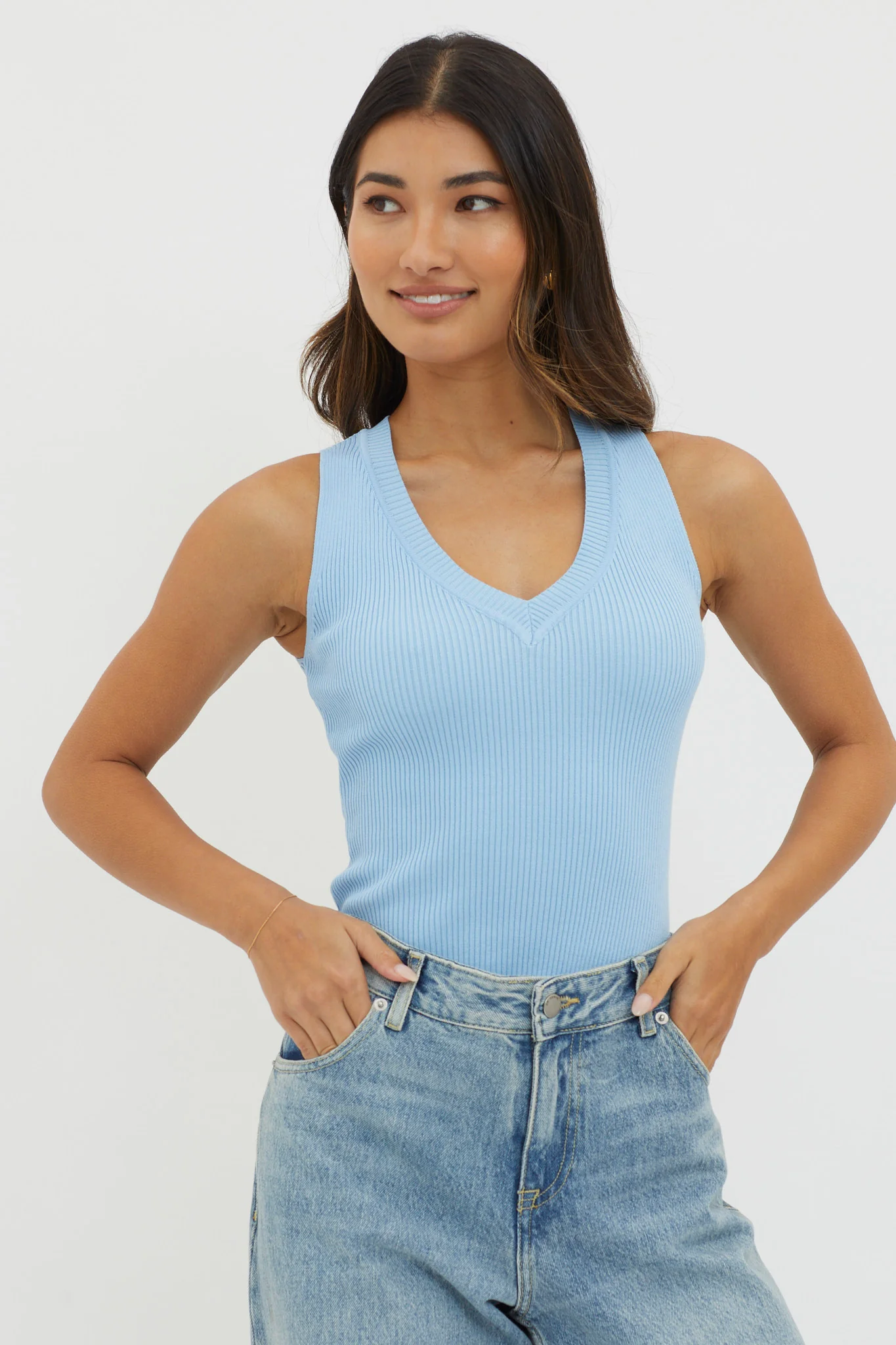 D'Lila V-Neck Ribbed Knit Top Baby Blue - Ruaus