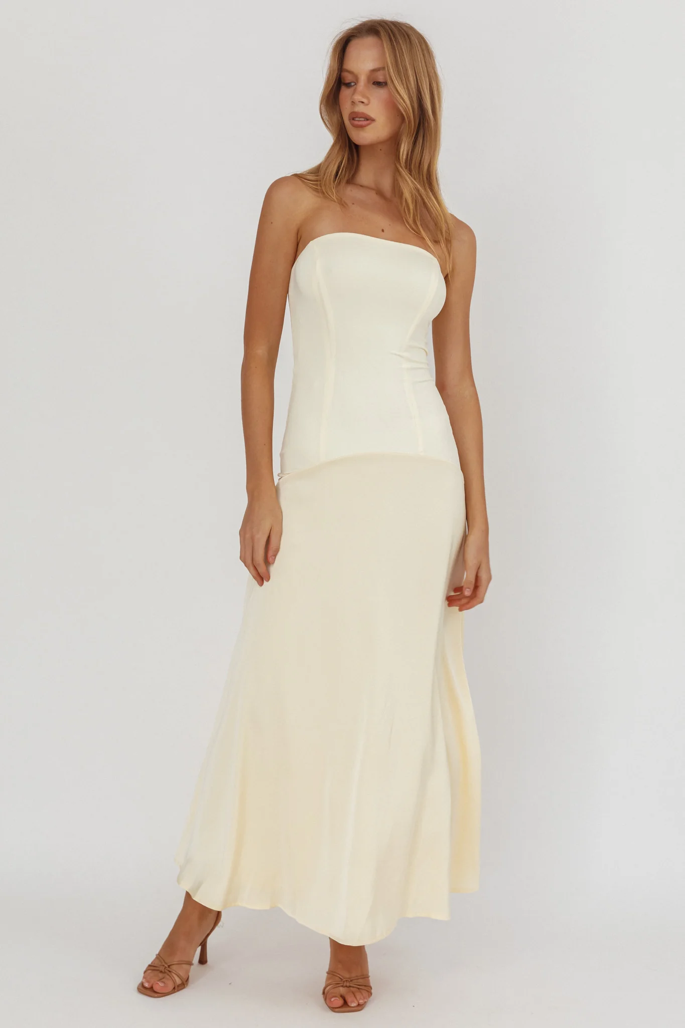 Star Avenue Strapless Drop Waist Maxi Dress Butter - Ruaus