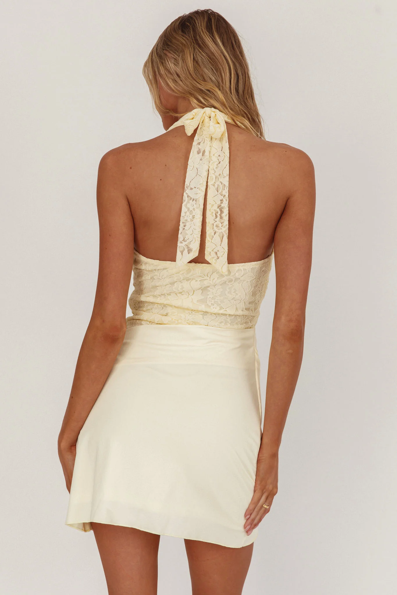 Summerland Lace Bodice Halter Mini Dress Butter - Ruaus