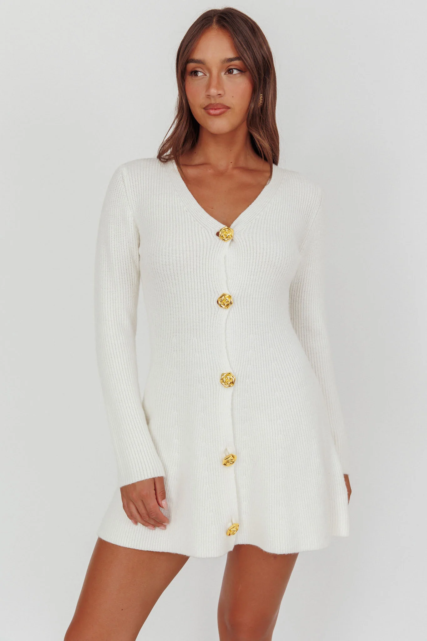 Irma Gold Button Knit Mini Dress White - Ruaus