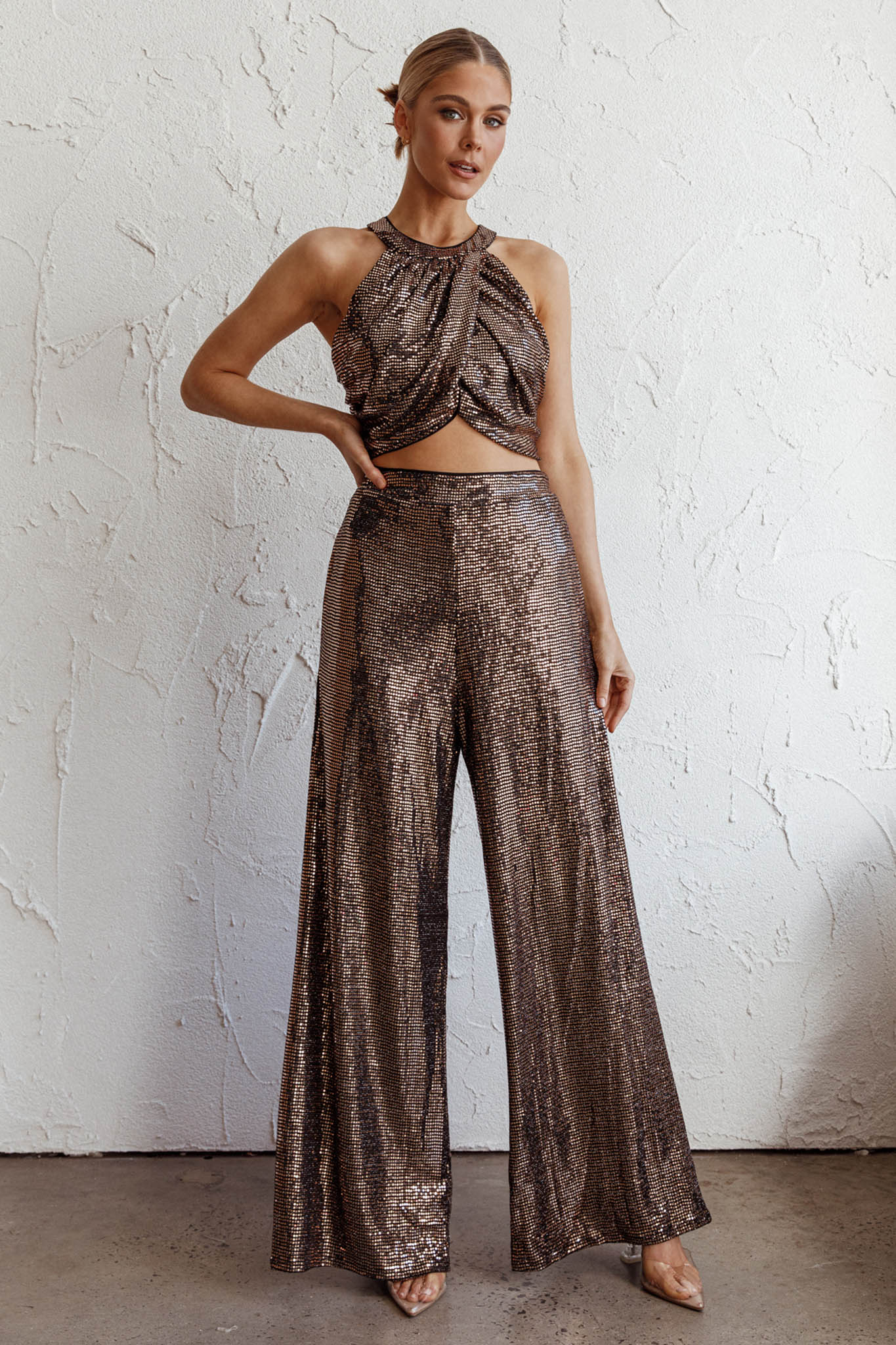 Anything Goes Wide Leg Metallic Pants Gold - Ruaus