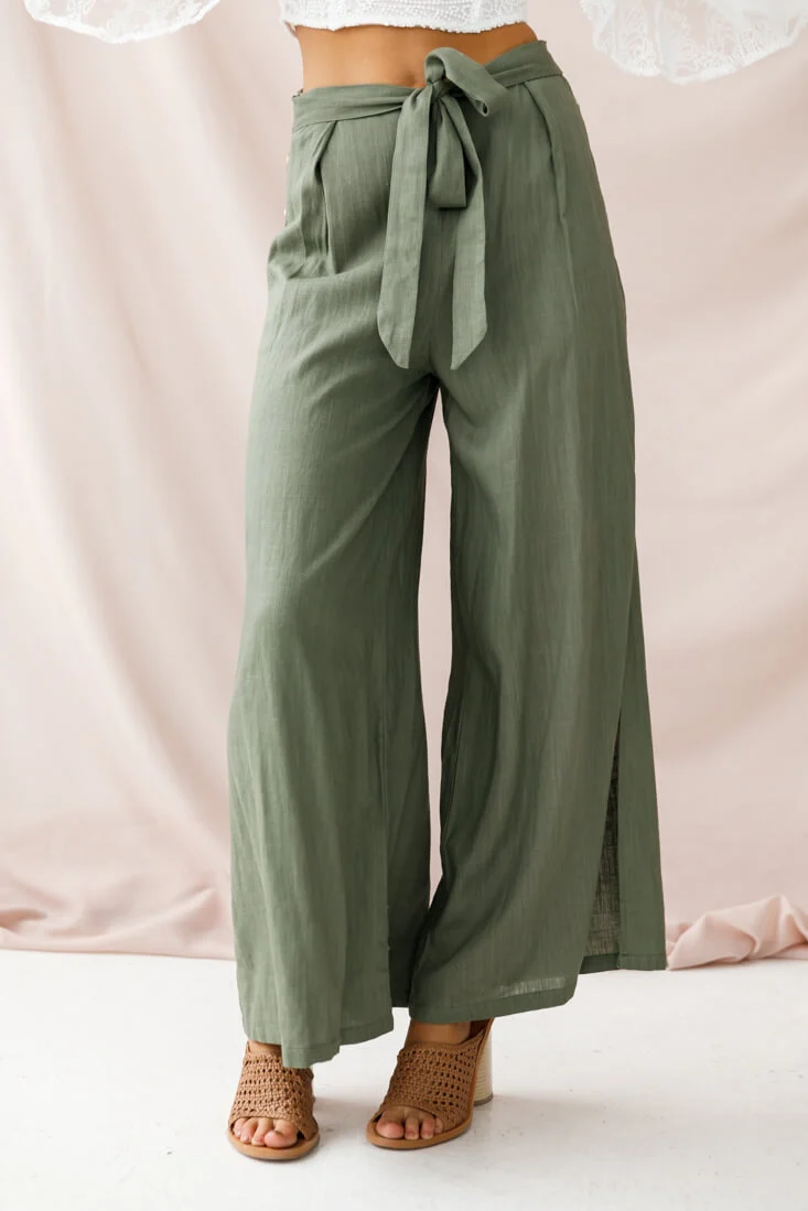 Aruba Wide Leg Side Split Pants Khaki - Ruaus