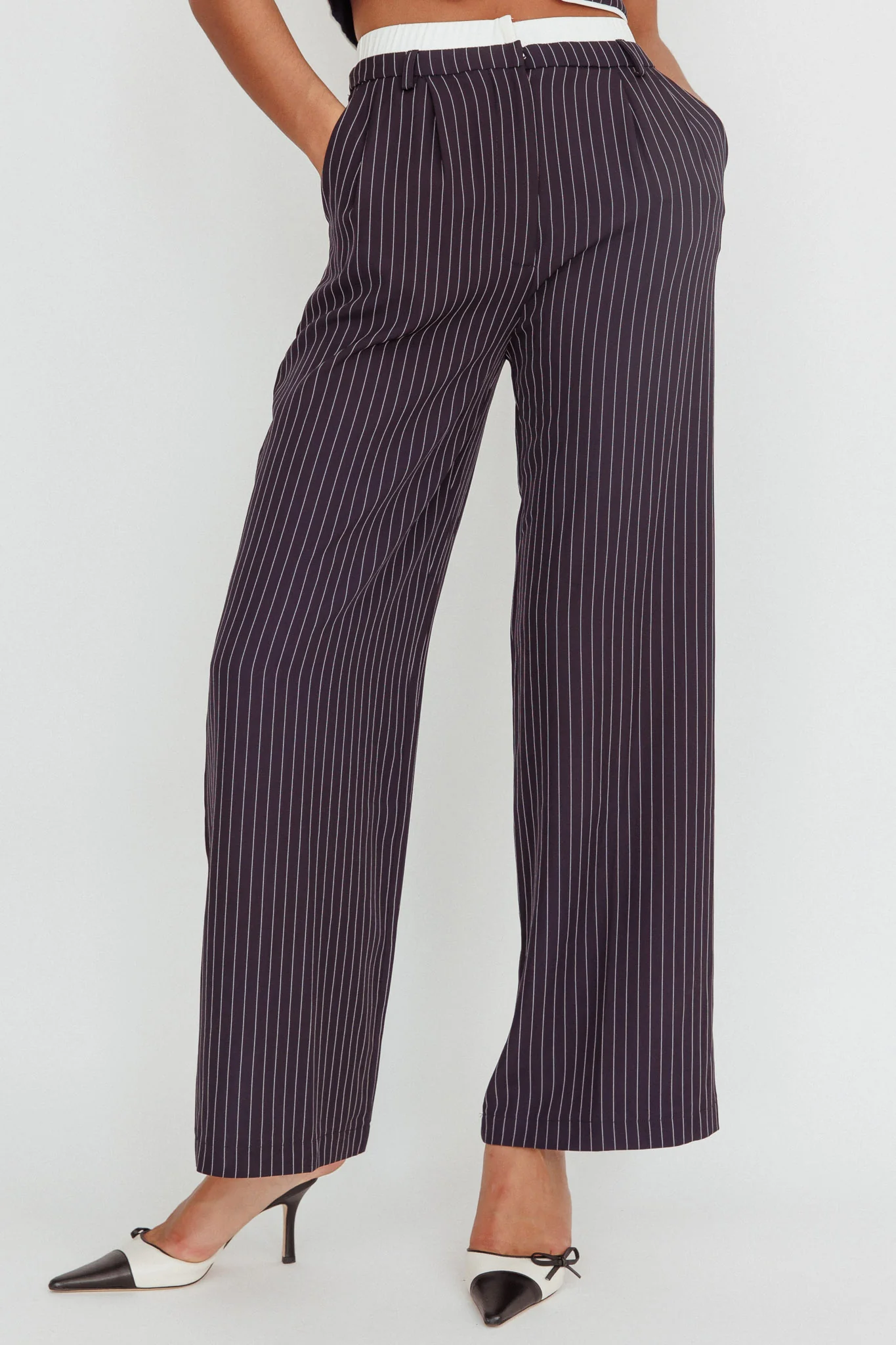 Lilija Pinstripe Double Waistband Wide-Leg Pants Navy - Ruaus