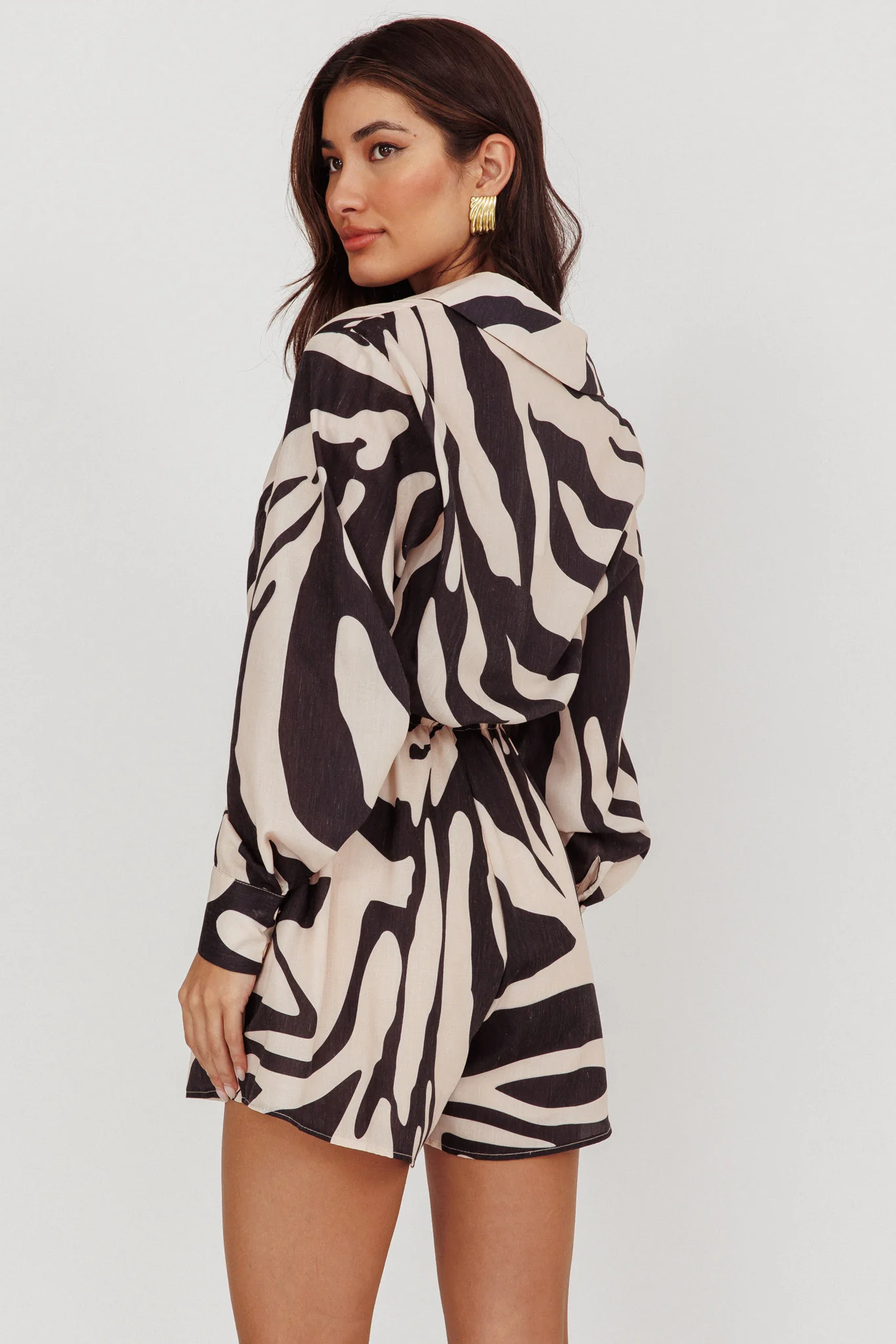 Tiki Long Sleeve Romper Print Beige - Ruaus