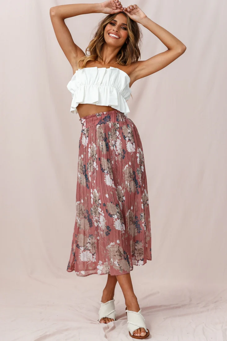Caroline Accordion Pleat Midi Skirt Rose - Ruaus