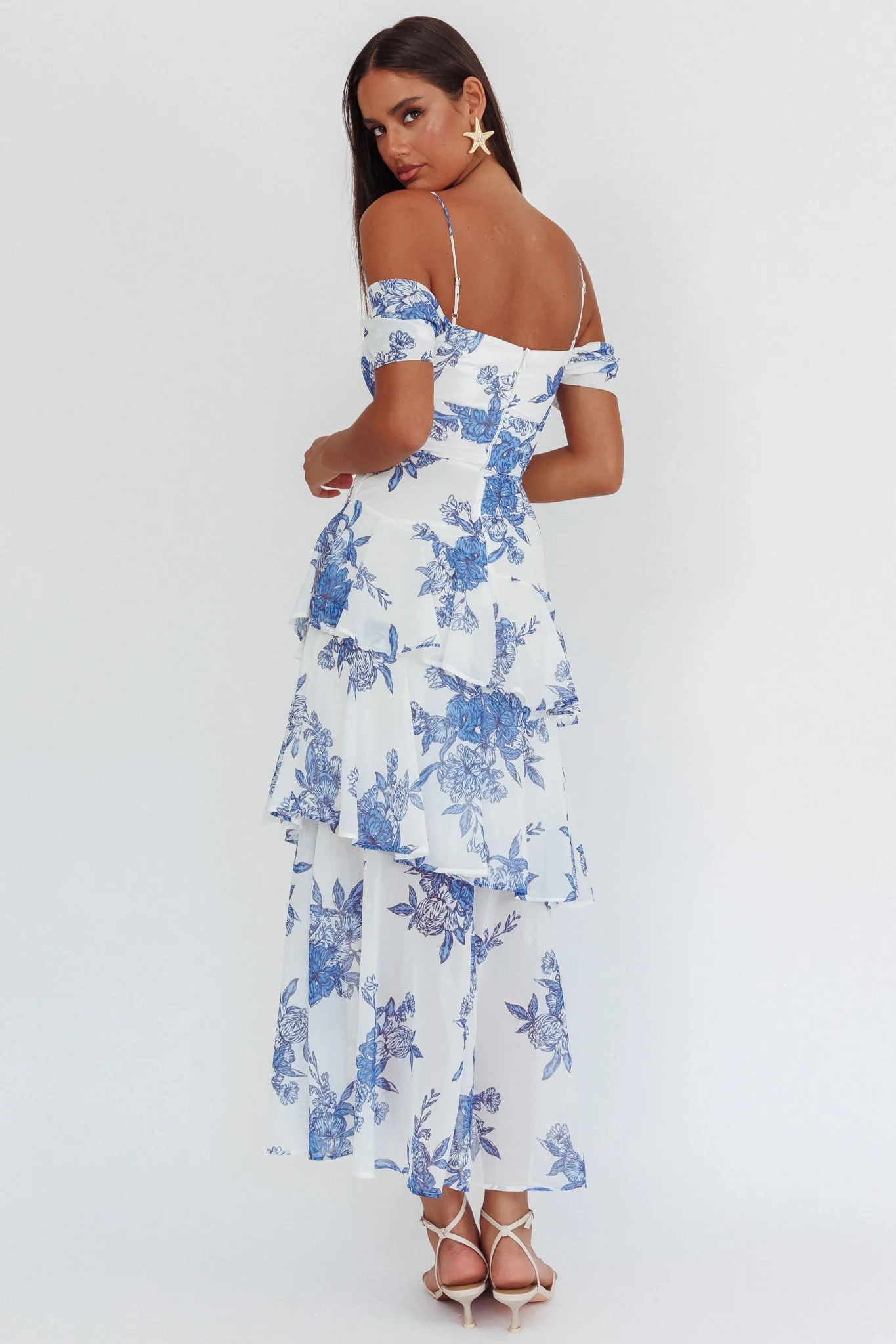 Veda Off-Shoulder Maxi Dress Floral Blue - Ruaus