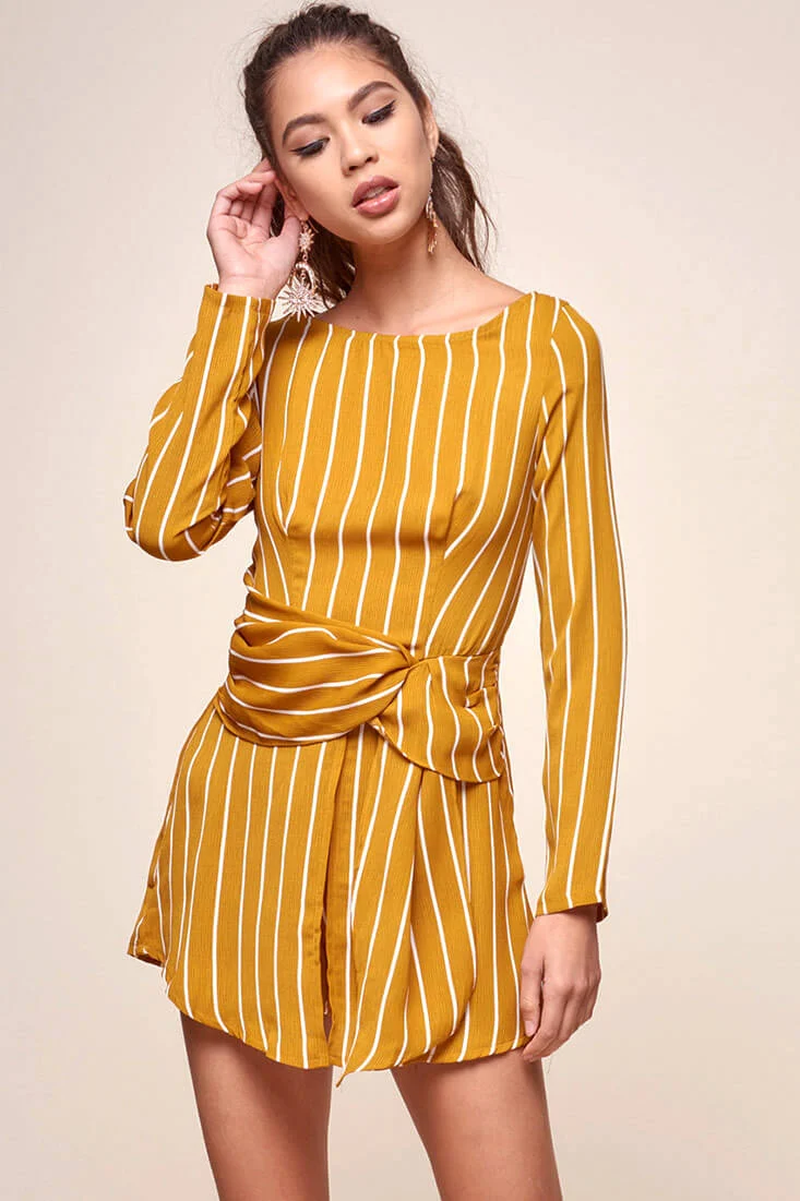 Abbey Waist Tie Pinstripe Romper Mustard & White - Ruaus