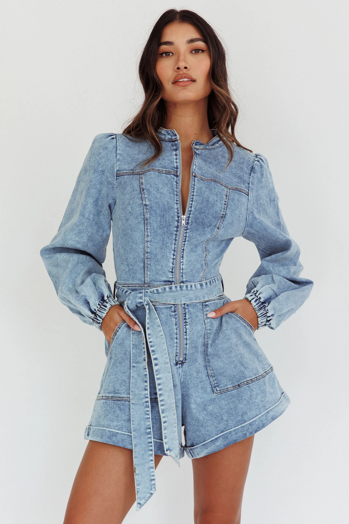 Real World Zip Front Romper Denim Blue - Ruaus