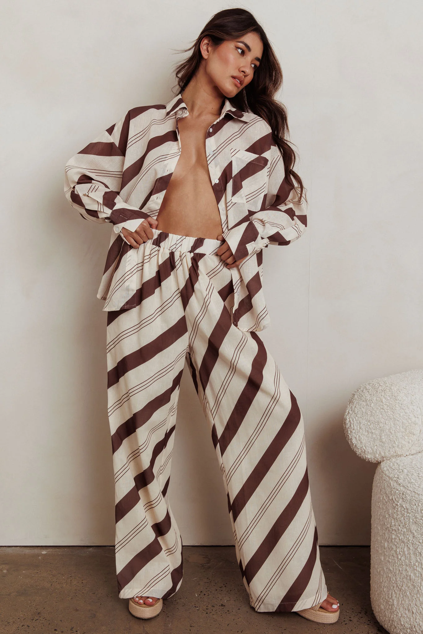 Alex Elastic Waist Striped Print Pant Cream/Cacao - Ruaus