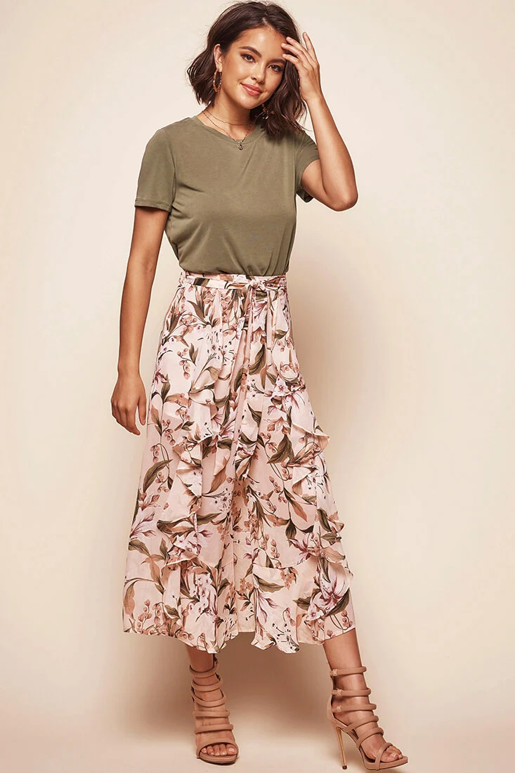 Constance Wide Leg Ruffle Pants Nude Print - Ruaus