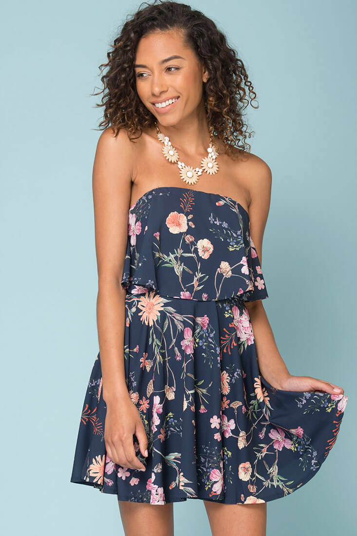Jemma Floral Going Out Dress Navy - Ruaus