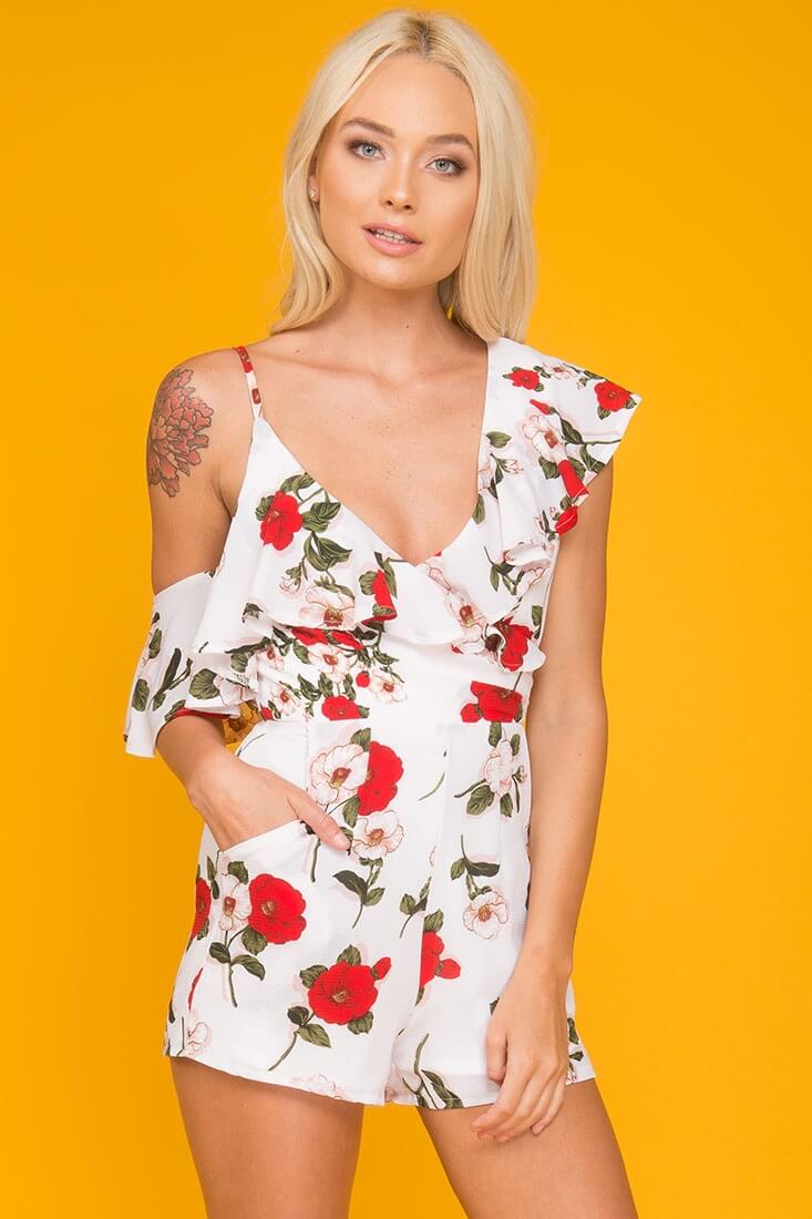 Daleyza Ruffled Floral Romper White & Red - Ruaus