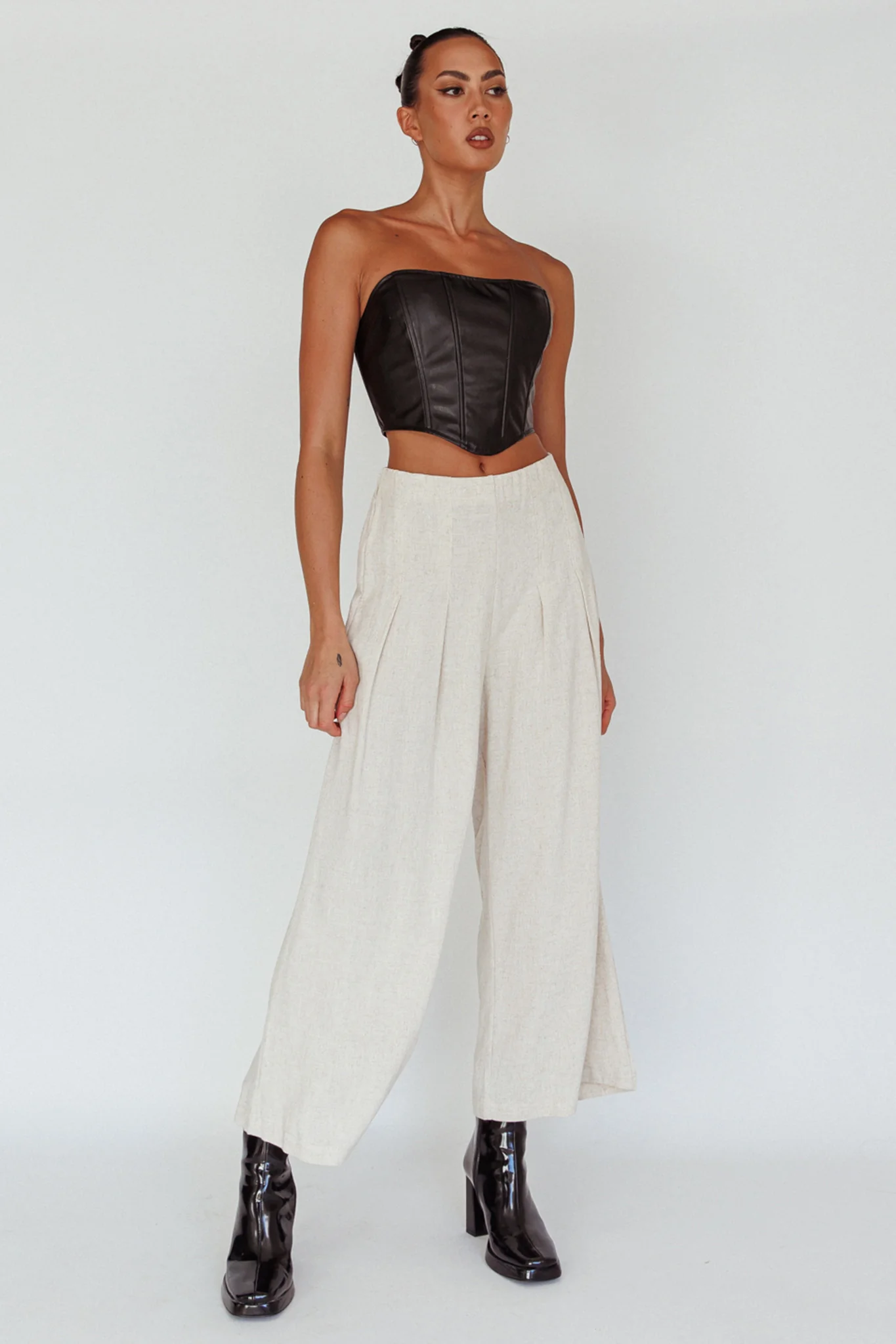 Backstage Pleated Wide Leg Pants Oat - Ruaus