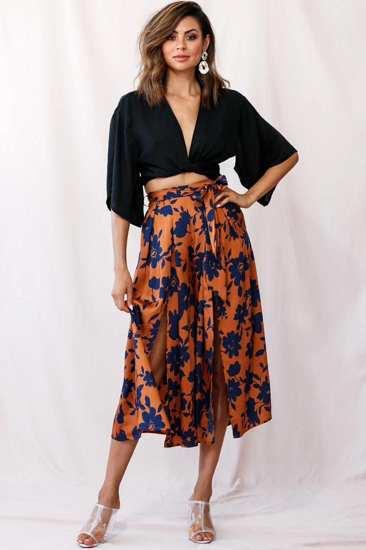 Danika Front Split Midi Culotte Pants Copper/Navy - Ruaus