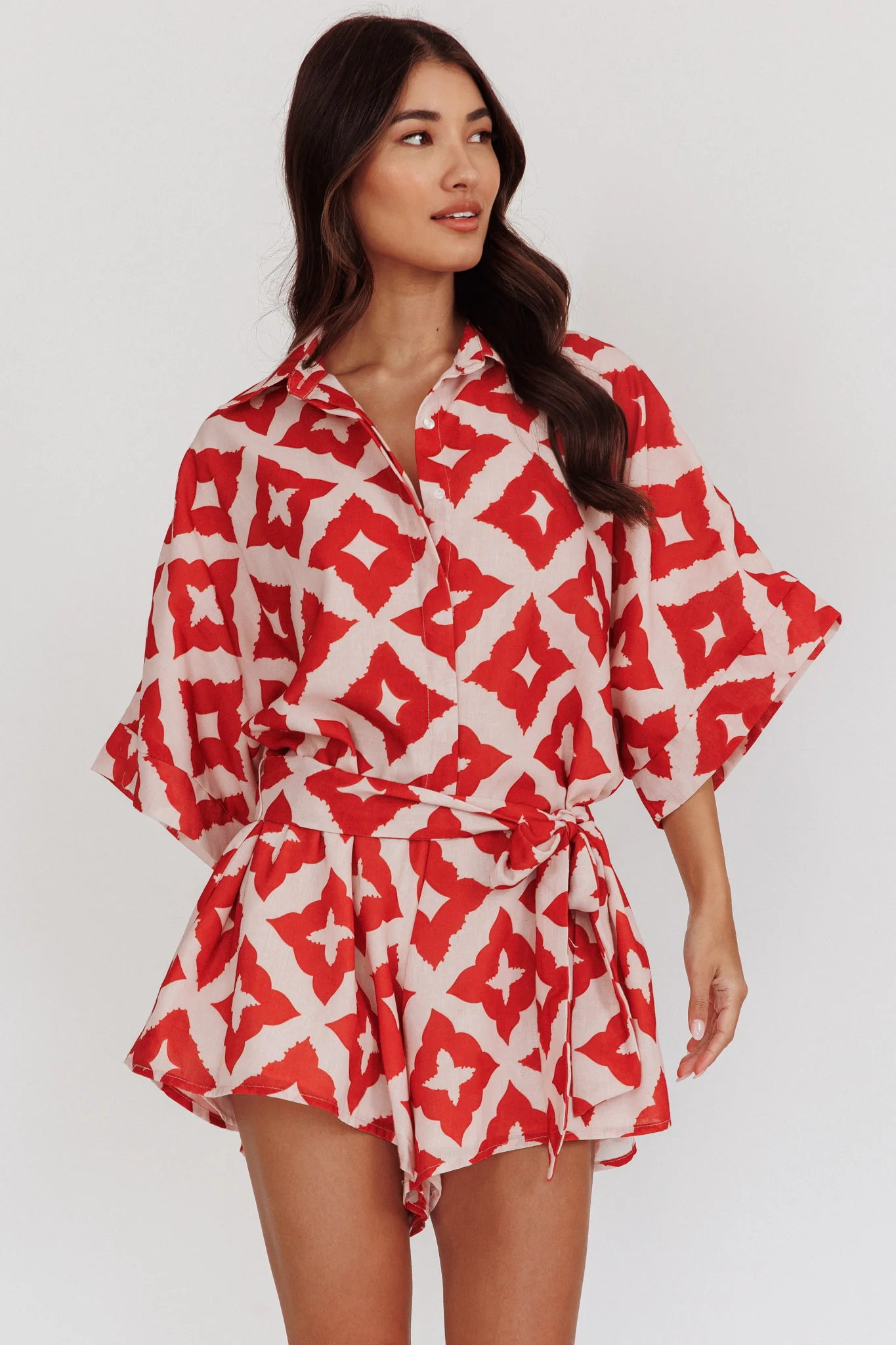 Daytona Beach Button-Up Romper Print Burgundy - Ruaus