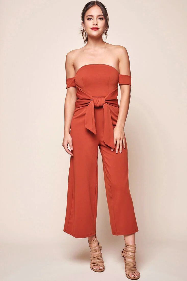 Joan Off the Shoulder Waist Tie Wide Leg Jumpsuit Rust - Ruaus