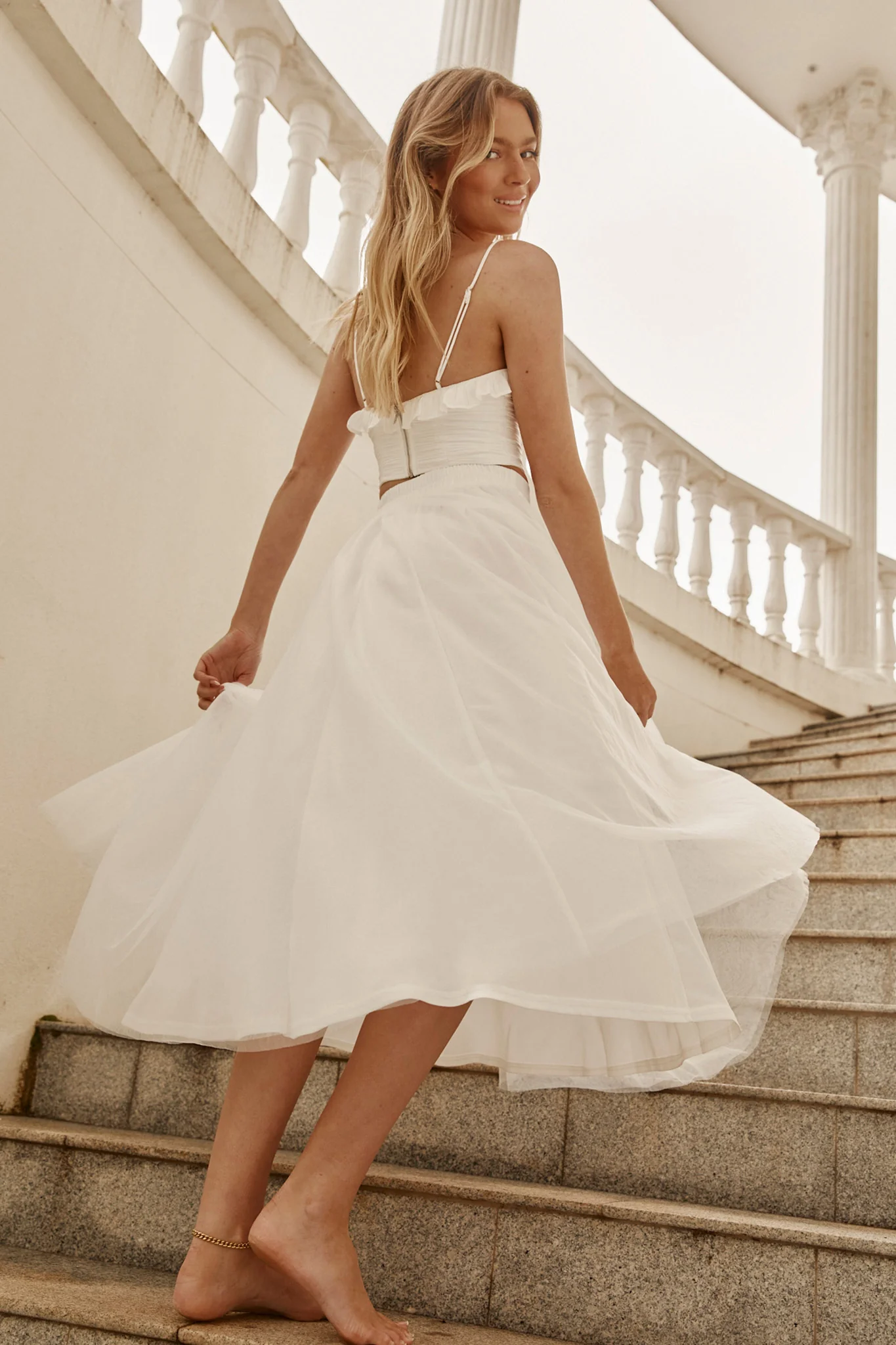 Jasmine Organza Mesh Elasticated Waist Midi Skirt White - Ruaus