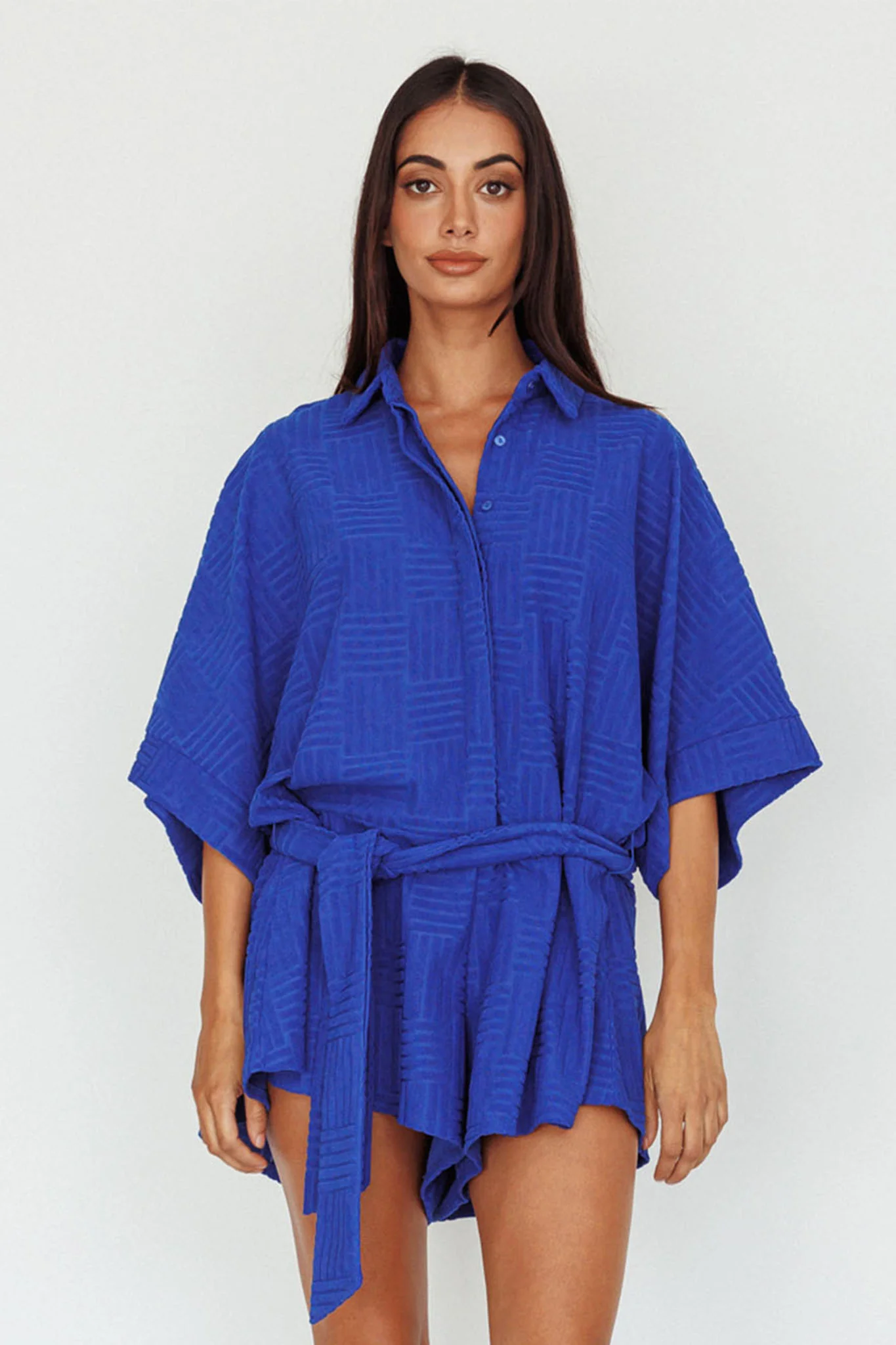 Daytona Beach Button-Up Romper Textured Blue - Ruaus