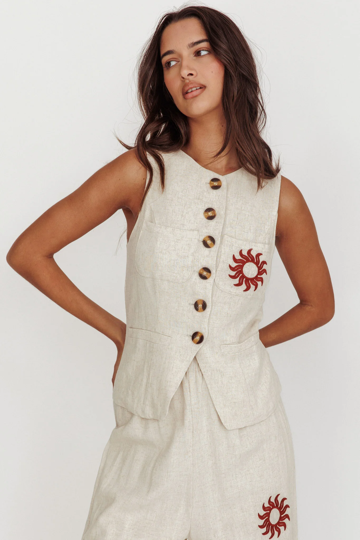 Swing Of Things Sun Sleeveless Buttoned Vest Oat - Ruaus