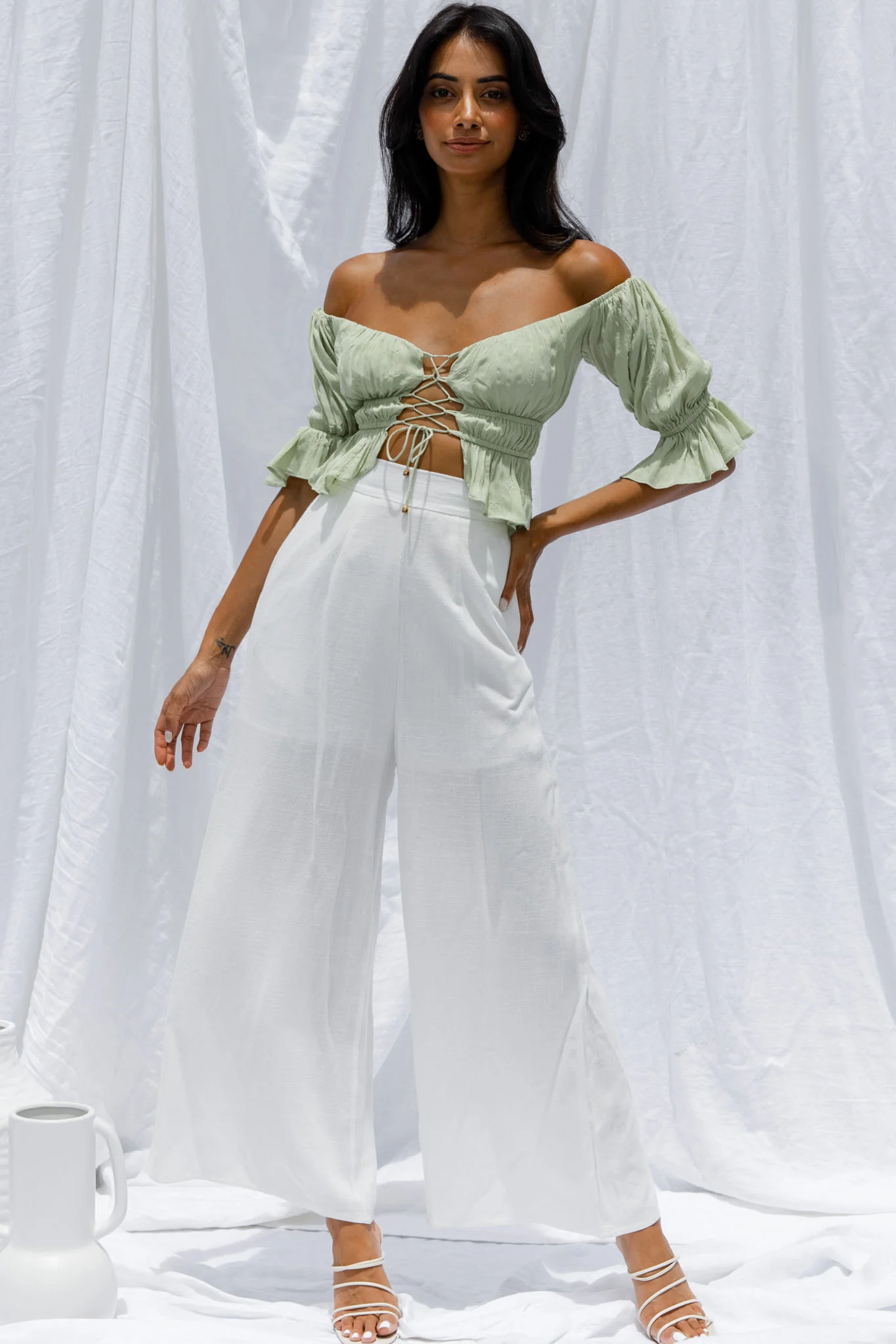 La Romana High Waisted Wide Leg Pants White - Ruaus