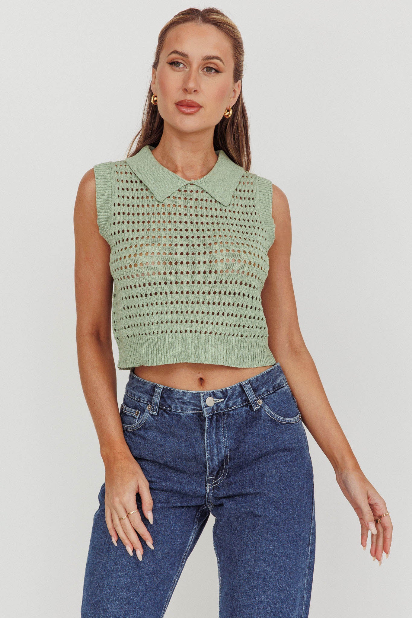 Daithi Collared Sleeveless Knit Top Mint - Ruaus